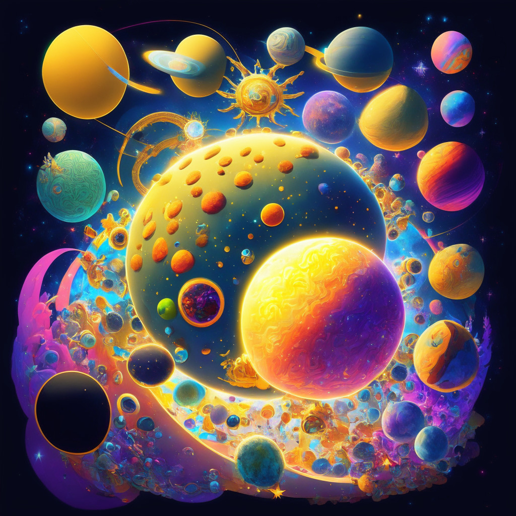 A vibrant, surreal depiction of the GameFi galaxy, Axie Infinity as the dominant planet, surrounded by thriving, smaller planets representing other gamefi projects. Use vivid, luminous colors to represent the market's volatility and growth. Depict Axie as a golden planet, showing its market supremacy, with rays of light extending outwards, symbolising its 20% gain. Include distant, smaller glowing orbs to represent the growing active wallet addresses. Surround this all in a turbulent cosmic cloud, signifying the market’s constant fluctuations and unpredictable nature. Render this in a modern, digital artistic style, with the scene bathed in the glow of ethereal, shimmering light. The overall mood should be optimistic and dynamic, conveying a sense of excitement and possibility for the future of the cryptocurrency landscape.