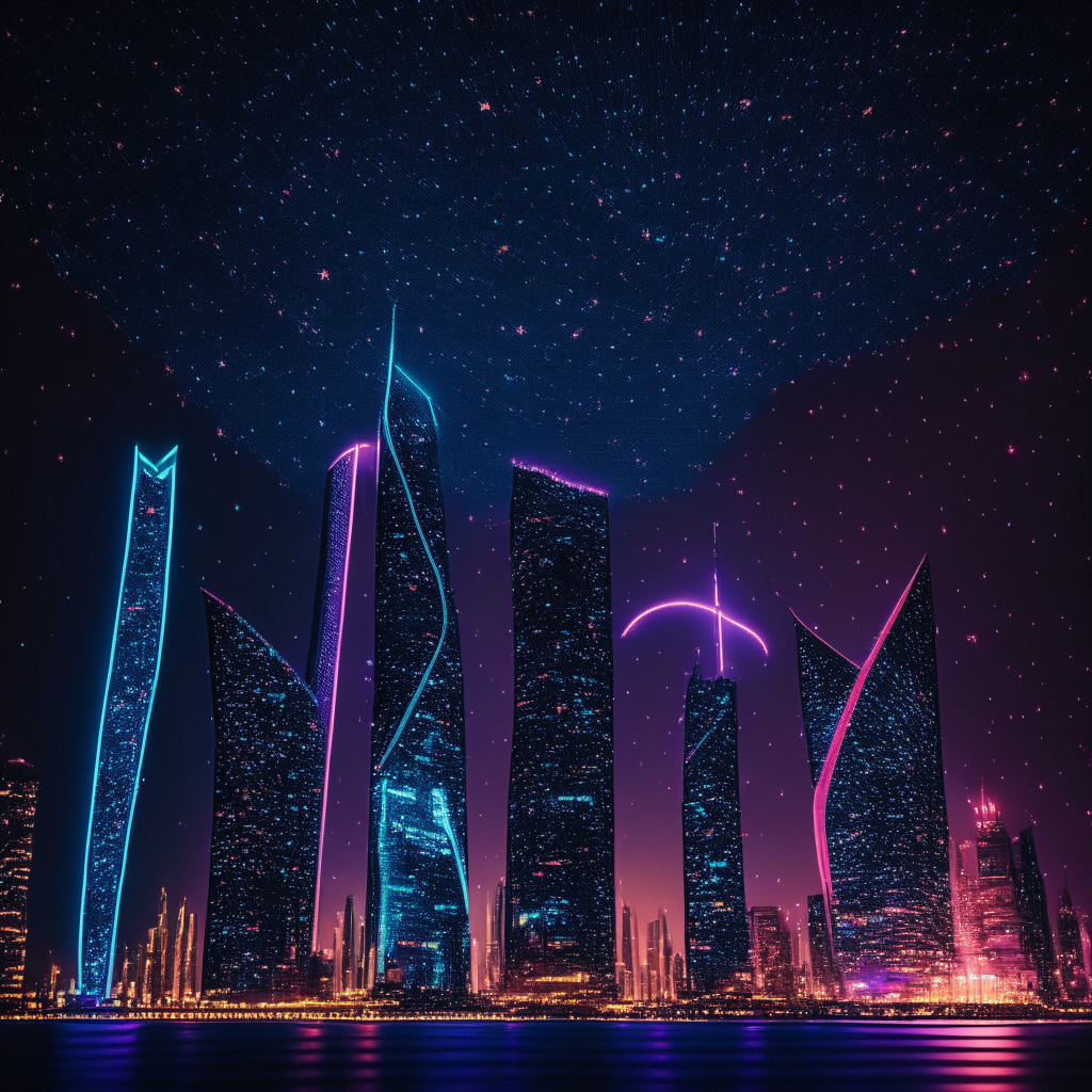 Nighttime in Bahrain, illuminated by stars and soft neon lights highlighting impressive skyscrapers, reflecting Bahrain Bank ABC's pioneer role in blockchain technology. In the foreground, a symbolic representation of cross-border blockchain transactions between US, UK, Singapore, and Hong Kong, using USD currency. A mood of cautious anticipation with futuristic tones.