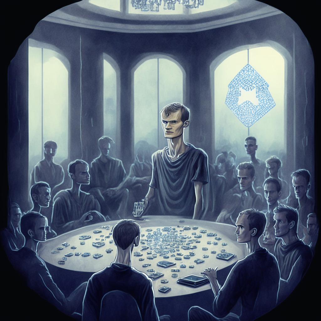 A detailed representation of Ethereum co-founder Vitalik Buterin in the forefront, devising a privacy protocol named 'Privacy Pools', a touch of Renaissance-era realism for the artistic style, a meeting room under cool, muted lighting depicting a collaborative effort, a sense of intrigue and innovation to reflect the mood, intricate balance scales symbolizing the balancing act between privacy and regulation, background filled with mathematical equations and code streams symbolizing zero-knowledge proofs, a vault door opened slightly only revealing a sliver of transactions, a separate part of the image presenting a significant hurdle, an endless pattern of nodes with a few standing out to highlight the decentralization of Ethereum, the overall lighting and ambiance to convey the cryptic and futuristic feel of the crypto world.