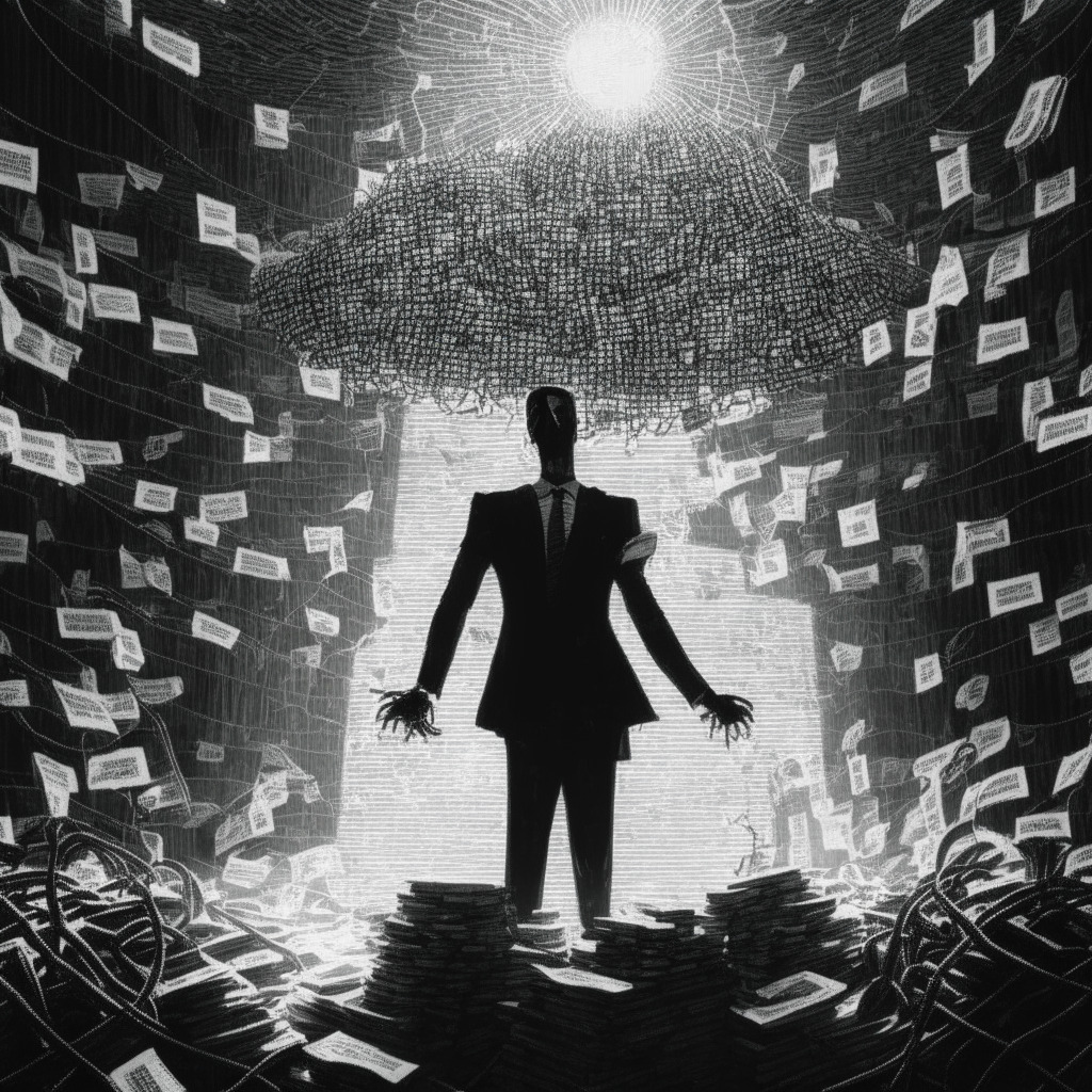 An allegoric dystopian scene, monochrome noir style, highlighting the complex web of off-chain transactions. Foreground shows a figure symbolizing Democrat Representative amidst a sea of coded strings. Mood is intense and mystical, with beams of iridescent light piercing through stacks of digital coins giving an air of transparency and scrutiny. Background portrays looming image of legislation papers, adding a feeling of looming regulation.