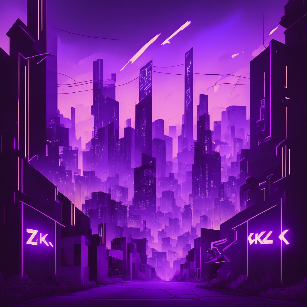 A futuristic cityscape under the hazy purple twilight sky. Abstract edifices represent the complex world of blockchain. A vibrant neon sign with 'ZK-proofs' illuminates an alleyway, embodying the concept of zero-knowledge proofs. Ethereal yet solid figures stride confidentially, demonstrating the anonymity yet responsibility in transactions. Symbolic elements such as scales indicate a delicate balance between regulation and privacy, underpinned by a curious, exploratory mood.