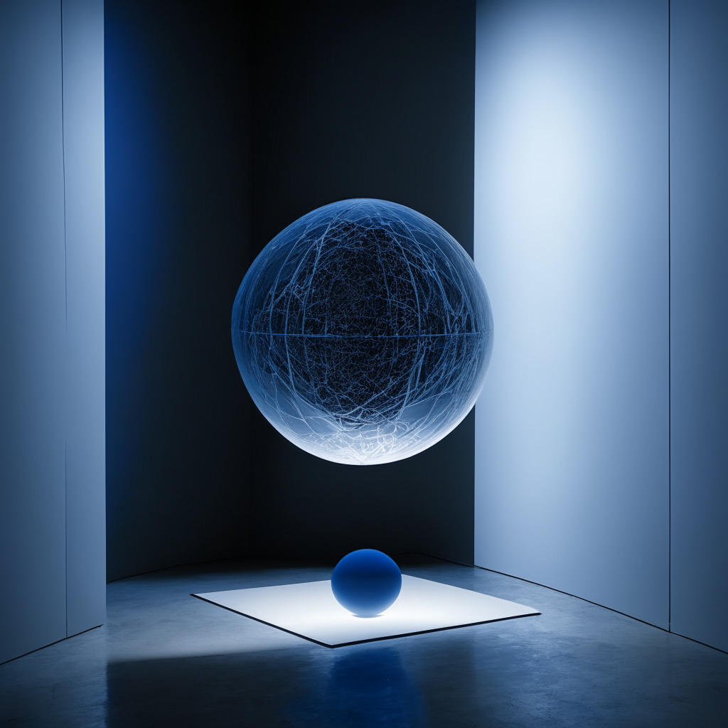 A steely abstract representation of a balanced scale, one side holding a crystal clear orb representing transparency and the other, a veil-shrouded sphere symbolizing privacy. The backdrop, a semi-cryptic blockchain pattern, bathed in soft, deep cobalt light. The scene is situated inside a contemplative, dim, minimalist art gallery, the ambiance evoking an air of contemplation and intrigue.