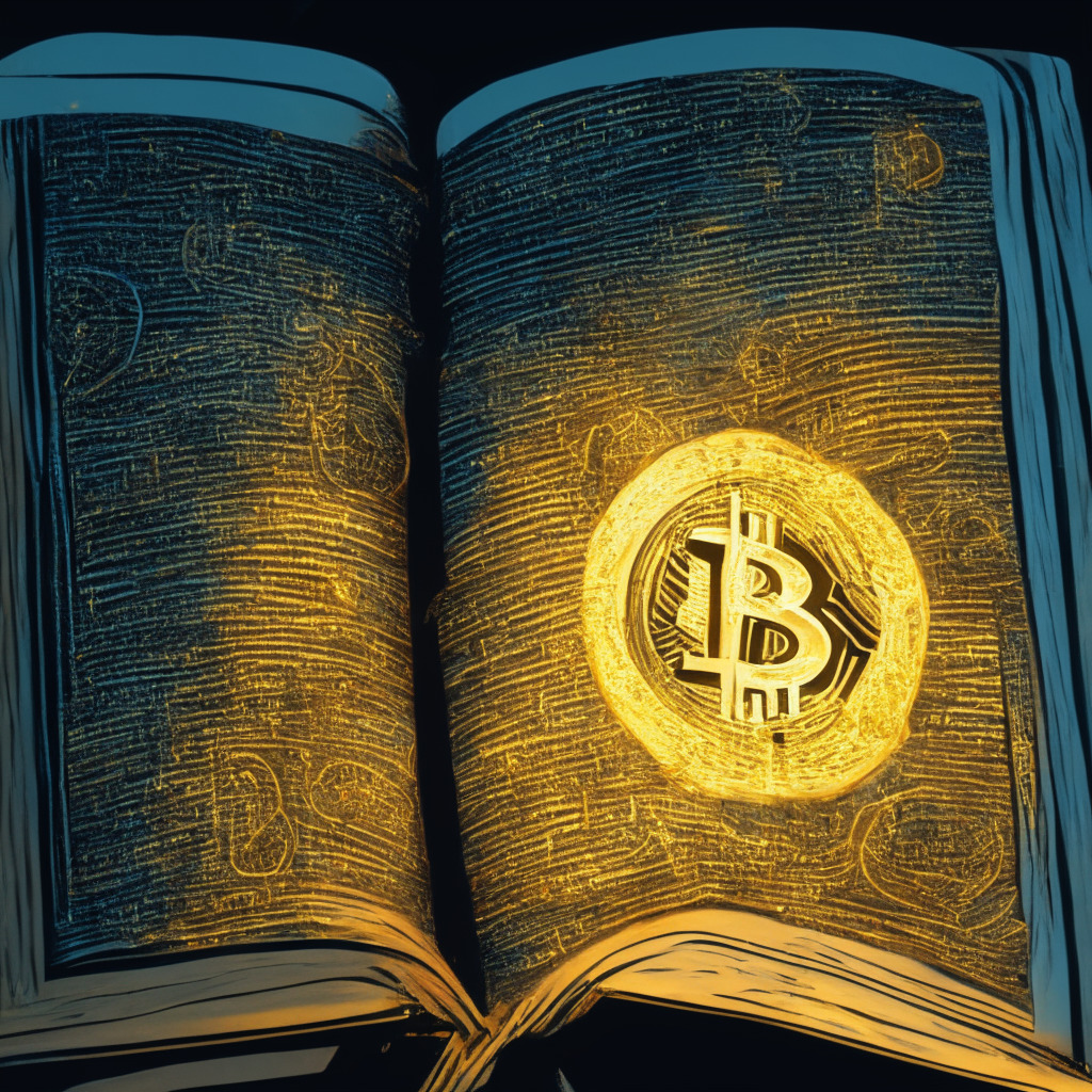 A close-up of an open book with glowing pages showing Bitcoin and blockchain symbols, in Van Gogh's Starry Night art style. Torn pages symbolize volatility and risks, while golden light emanating from it signify potential advantages. The mood is a balance of intrigue and trepidation against a hazy, dimly lit background. A shadowy figure, representing a central banker, studies the book, strategizing and contemplating.