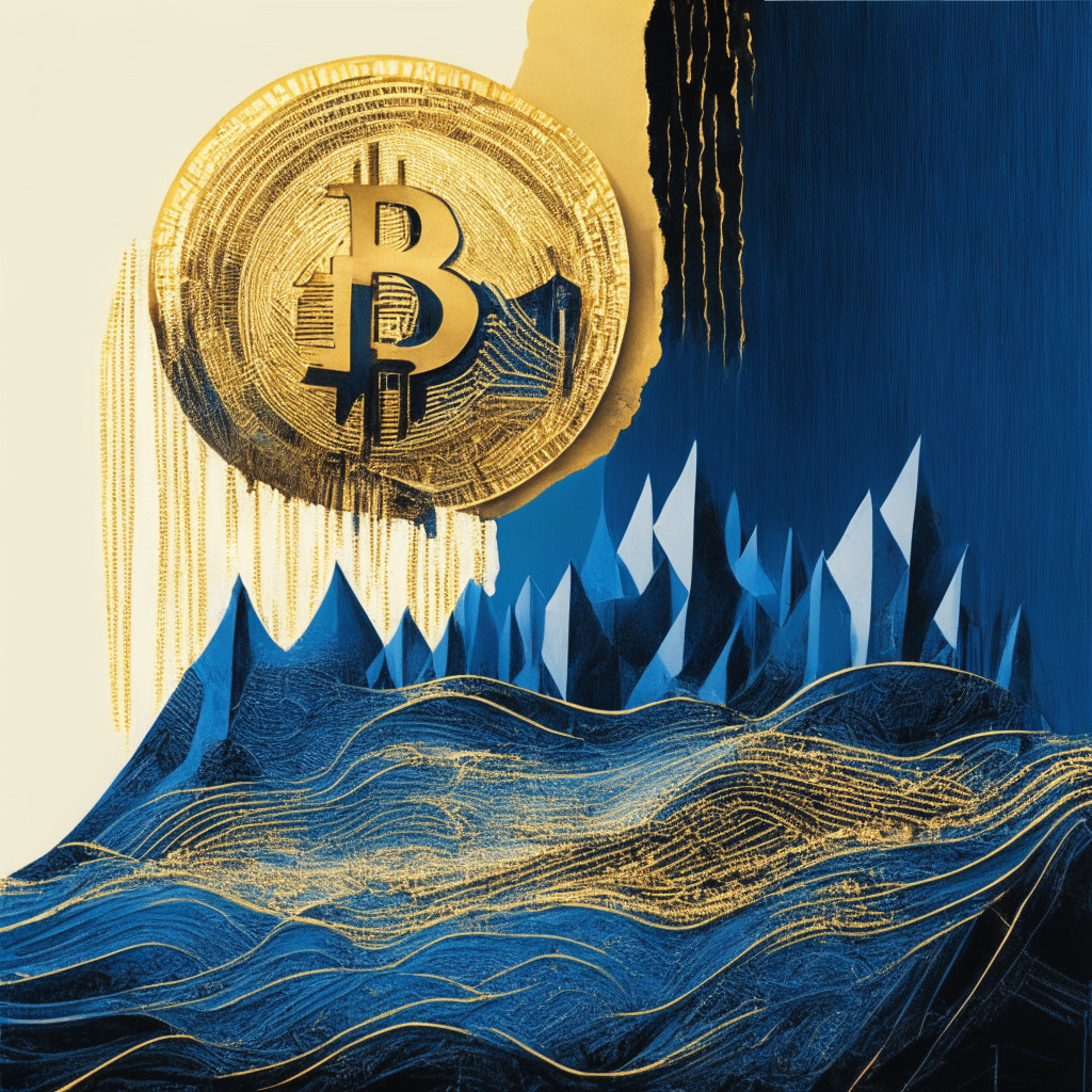 An abstract representation of Bitcoin’s volatile landscape, bathed in turbulent shades of gold and blue. A stylized graph fluctuates amidst a storm, symbolizing the coin's recent hike, whilst looming shadows cast by oversized global landmarks represent global stability concerns. A glimmering African horizon shines hopefully in the distance. The style: surrealism, the mood: apprehensive yet optimistic.