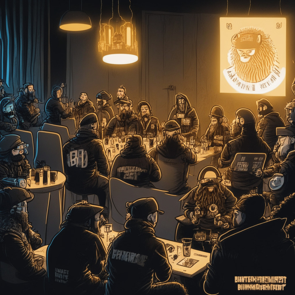 Cypherpunk gathering at the Baltic Honeybadger conference, focused on the privacy and the importance of the Lightning Network in Bitcoin. Animated characters engaging in frank discussion while surrounded by Bitcoin motifs. Lighting is dark and mysterious, yet warm, fostering an atmosphere of comfortable openness. The mood is intense but hopeful, filled with resilience and passion for privacy.