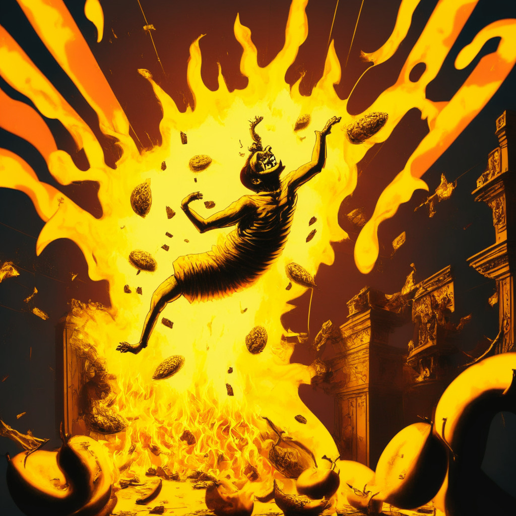 Intense scene of a banana-themed digital token plummeting amidst a fiery backdrop, symbolizing a significant drop in value. Intricately coded bugs crawl across the frame, representative of the software glitch. The light is flickering, hinting at the unstable situation. The style is reminiscent of a dramatic baroque painting, conveying the sharp, rapid changes in fortune. The mood is tense and dramatic, filled with uncertainty and suspense.