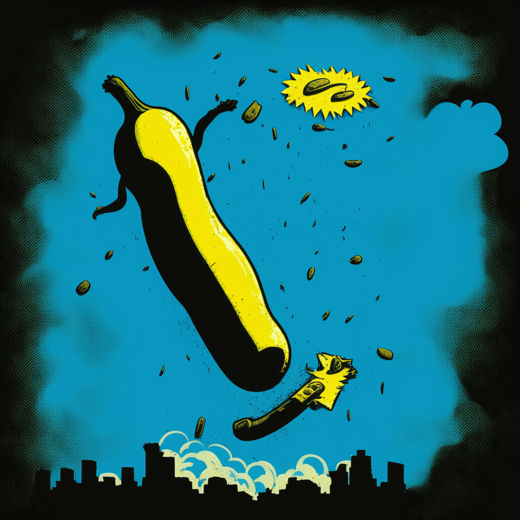 A portrayal of a plunging banana-themed token, symbolizing the crash of Banana Gun’s BANANA token. The scene should be bathed in intense cold, blue light, communicating a negative market shift. The style should be noir and surreal, creating a somber mood. Central to the scene, the representing token plummeting from an ethereal, cloudy market high before crash-landing into a barren ‘02 cent’ financial landscape. In the background, hints of audit documents torn apart by the havoc, cyber bugs creeping out from the documents representing overlooked flaws. Half hidden under a spotlight, a figure, 'MisterChoc,' quickly typing on a futuristic AI-powered device, indicating the AI-enabled fault detection. Rounds of token icons floating down akin to an airdrop. In the periphery, shadowy figures huddled in distress, representing alarmed investors. Overarching tone of caution against rushing into decentralized finance.