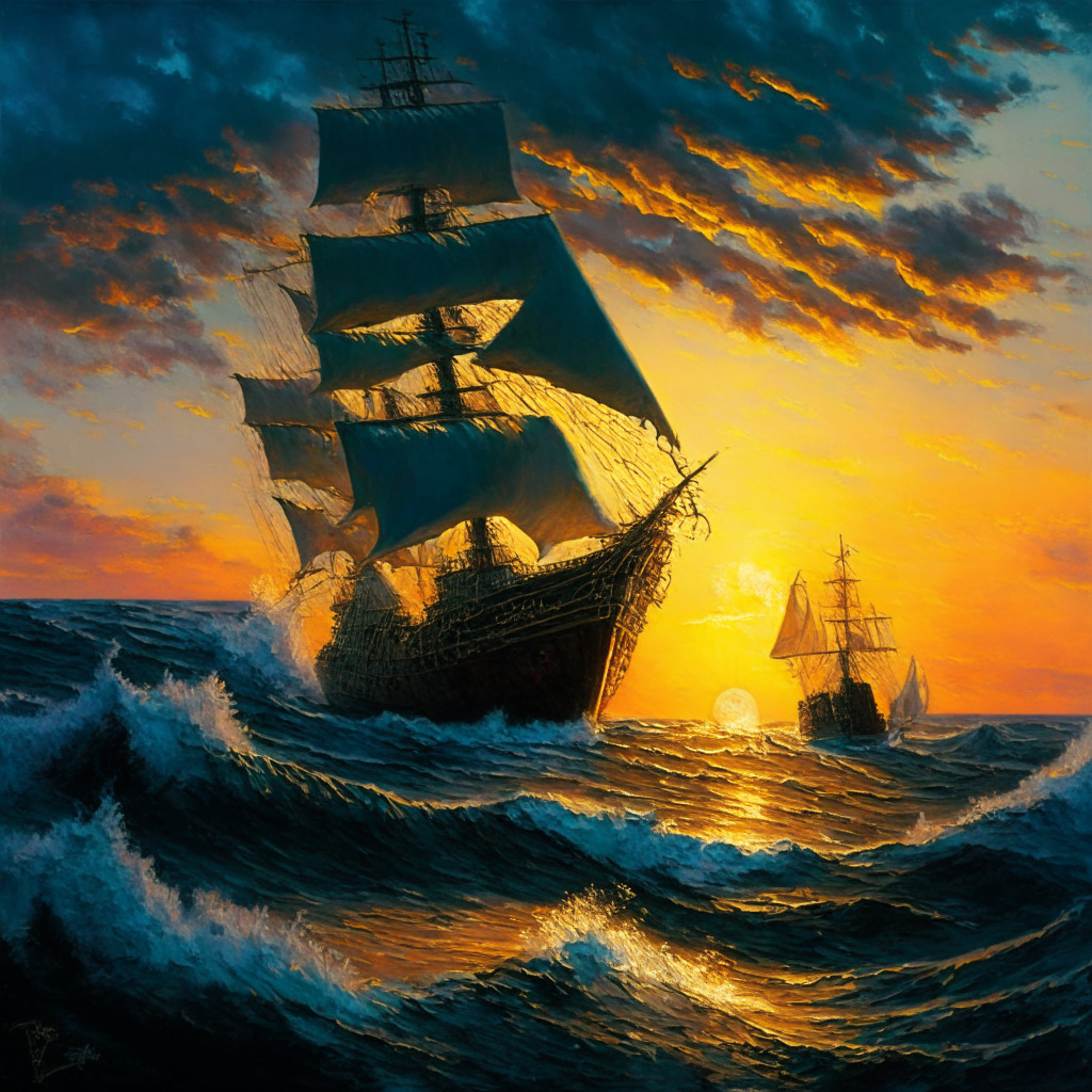 Sunset-lit scene of a ship at turbulent sea, symbolizing a rough cryptocurrency market. Ex-CEO of Algorand, Steve Kokinos, as the new, hopeful Captain, steering towards calmer waters, in a classic maritime painting style. The ship named 'Celsius' sailing towards a horizon lit by a thin ray of hope. The atmospheric scene evokes tension and uncertain calm, with a looming storm symbolizing past tribulations.