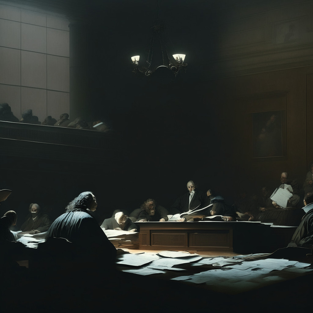 A gloomy courtroom scene, with a struggling company in bankruptcy on one side, and a private lending platform on the other, A tangle of legal documents is atop the center table. The mood is tense, anticipation hangs in the air. It's like a painting by Caravaggio, chiaroscuro lighting casting half the court into darkness, the other half starkly illuminated. The scene epitomizes the precarious and convoluted nature of the digital assets industry. Nervous spectators in the gallery eagerly await the verdict, their reflections mirroring the uncertainty woven into the crypto world.