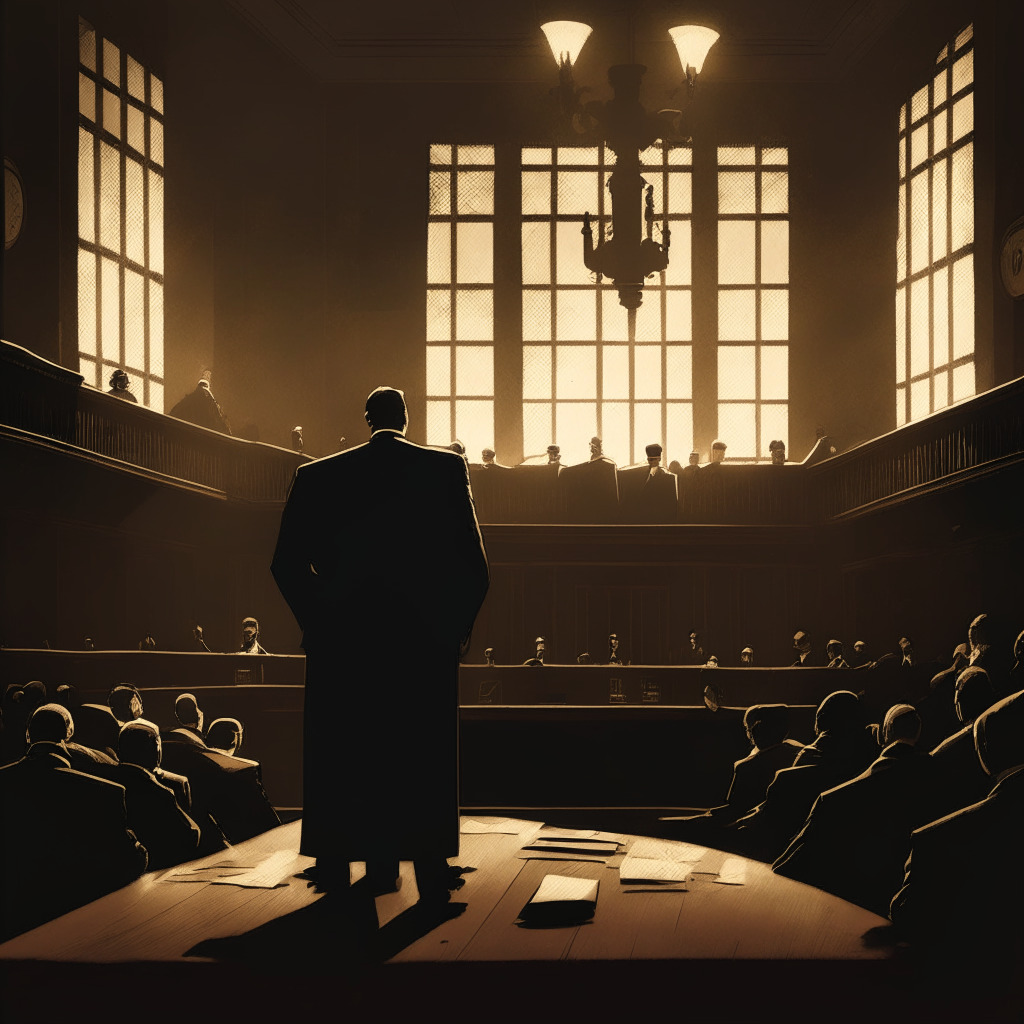 An eerie, moody courtroom scene, fading light filtering in through colonial-style windows. There's an air of gloom, a digital currency emblem shattering on the floor, symbolizing a bankrupt crypto lending company. Among the crowd, a figure stands, clad in suit and tie, representing a struggling CEO facing charges, his gaze fixed on a massive, intimidating, golden weighing scale, the balance uneven. On the hefty side, there's a pile of corporate papers like regulatory rules, complaints, and fines. On the lighter side, a faint golden glow suggests hope, embodying the forthcoming changes in accounting standards. The overall style should emit a grim feeling of suspense and worry, yet with a spark of anticipation and change.