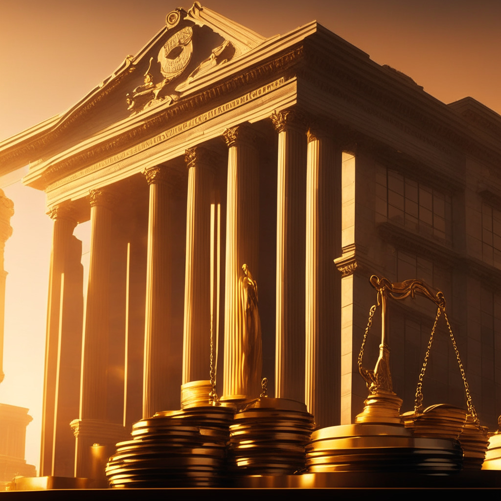 A grand courthouse facade bathed in golden sunset light, filled with an air of uncertain anticipation. In the foreground, a balance scales symbolizing the bankruptcy claims against a vague, not clearly detailed, cryptocurrency exchange building in the background shrouded in shadow. Incorporate elements indicating a triple hike in value – like stacks of coins or graphs. A crowded scene of investors, symbols of distress around them, but their faces express eager anticipation. Style it like a Renaissance painting with drama and emotion, indicating a significant, historic moment. Mood: tension, unpredictability.