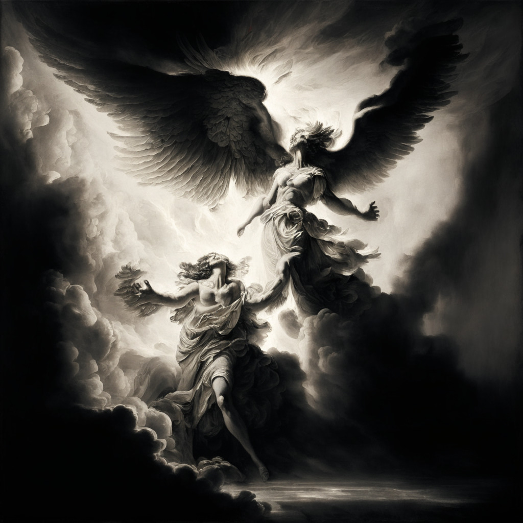 Dramatic chiaroscuro scene depicting a phoenix rising from ashes, symbolizing rebirth, to represent Gemini Earn's potential recovery. Detailed classical, renaissance-style painting with the tumultuous greys of bankruptcy clouds being pierced by a radiant light of hope, reflecting the crypto market's turbulence and the program's anticipated redemption. Mood evokes a daring atmosphere of impending triumph amidst strife, reinforcing the ambitious possibility of creditors regaining their claims.