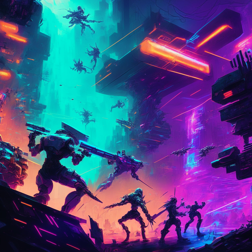A futuristic metaverse filled with digital warriors battling it out, cybernetic landscape bathed in neon glow, interactive players purchasing digital assets. A stark clash of traditional gaming realms and Web3 platforms incorporating blockchain variety, effusing a sense of competition and engagement, painted in impressionistic style to capture the rapid evolution in gaming technology.
