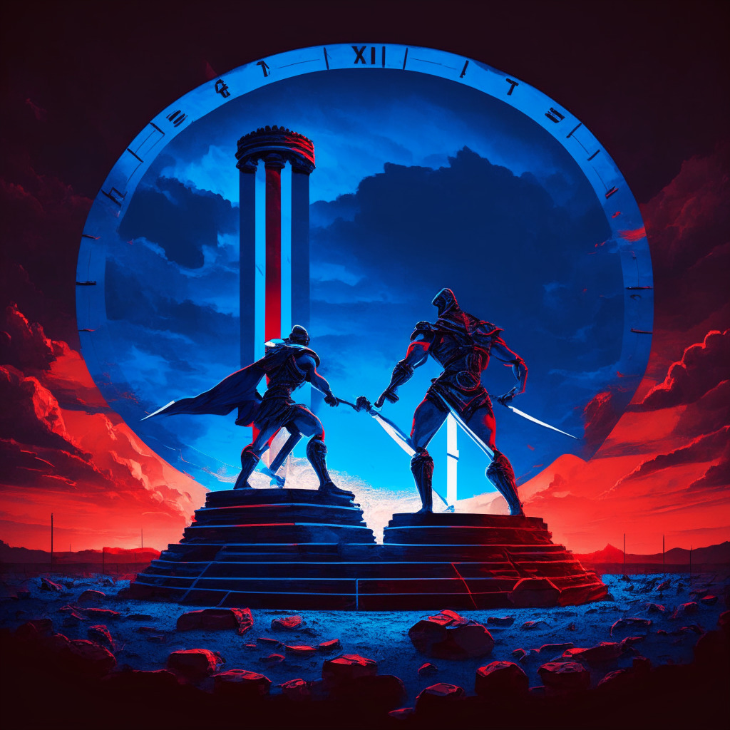 A large gladiator arena under twilight skies, two titans in combat, representing Friend.Tech with hues of vibrant blue and Post.Tech in potent red. An audience of digital coins watches this high-stakes match. An hourglass as the symbol of time ticking, espousing a war-of-attrition atmosphere, where the outcome is yet uncertain.