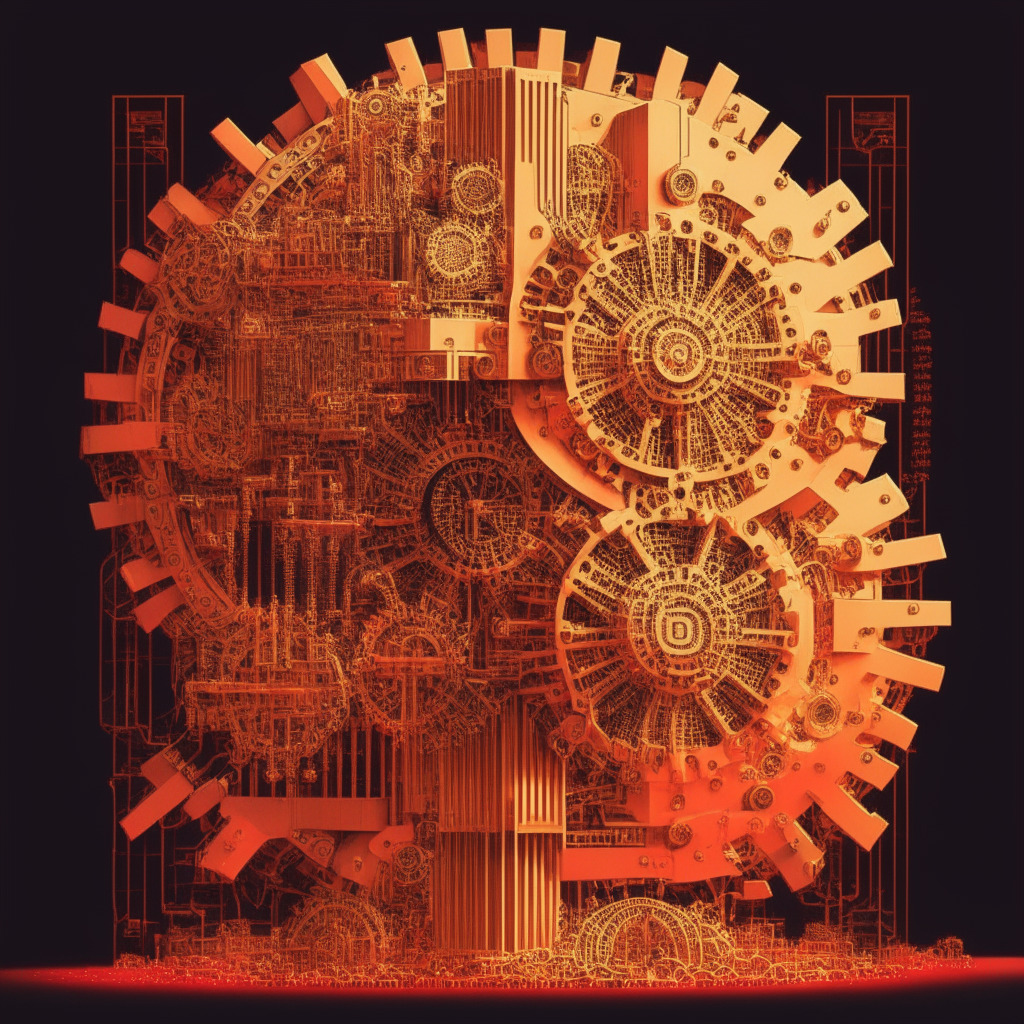 An exquisite, detailed representation of a large, complex machine, symbolic for the Bitcoin network, operating with layered gears and intricate parts under a golden, twilight glow. Amidst the machinery, a small glaring red component signifies a glitch suggestive of the 'invalid block', yet, the machine maintains operational stability. Use a futurist art style, elevated mood specifying the potential frailties and resilience of the Bitcoin system.