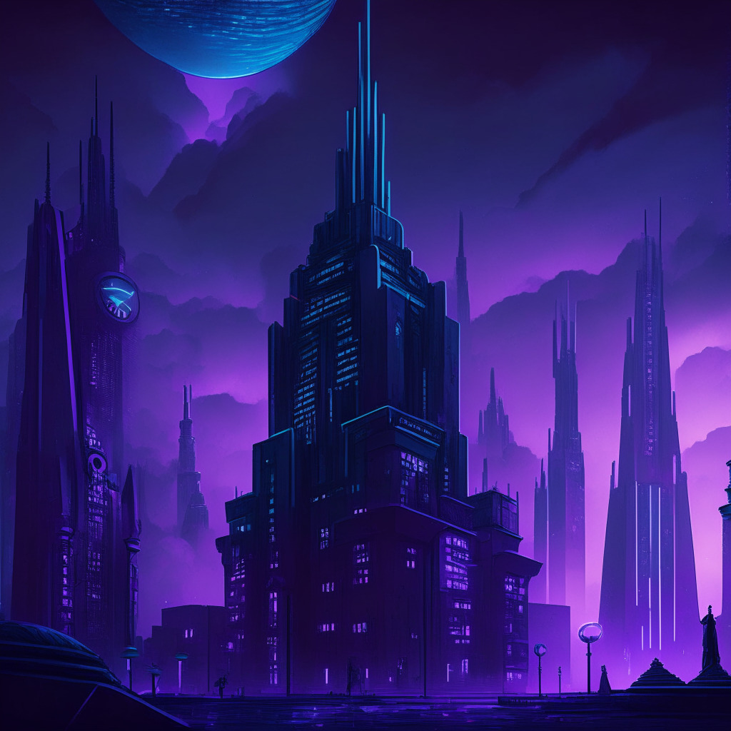 A Belgian crypto market in a futuristic cityscape under a dusky sky, Twilight palette prevails with mingling hues of blue and violet, casting a mood of intrigue and expectation, Artistically, think Film Noir meets Cyberpunk, Symbols of regulations (scales, gavel), and cryptocurrency (Bitcoin, Ethereum) are strategically placed, A prominent building, 'Keyrock', stands illuminated.