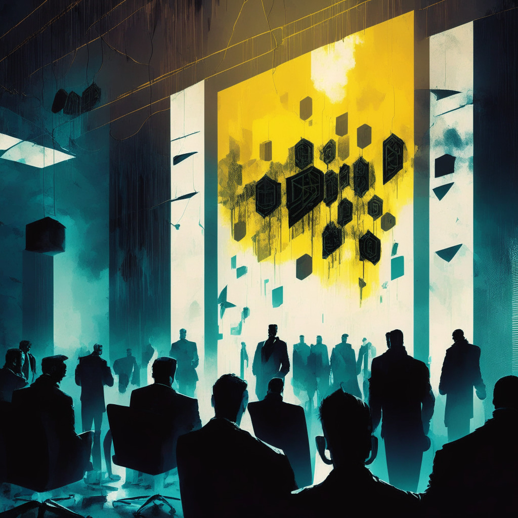 A stormy, high-tech virtual meeting room symbolizing the turmoil within Binance, fading but resilient founders' portraits hung on the wall, casting long shadows. Multicolored cryptocurrency symbols forming a dense, growing crowd on one side, anchors of regulatory scrutiny on another, engaged in a tense dance under an uncertain spotlight. Melancholic palette evoking a sense of loss and departure, but also resilience and change.