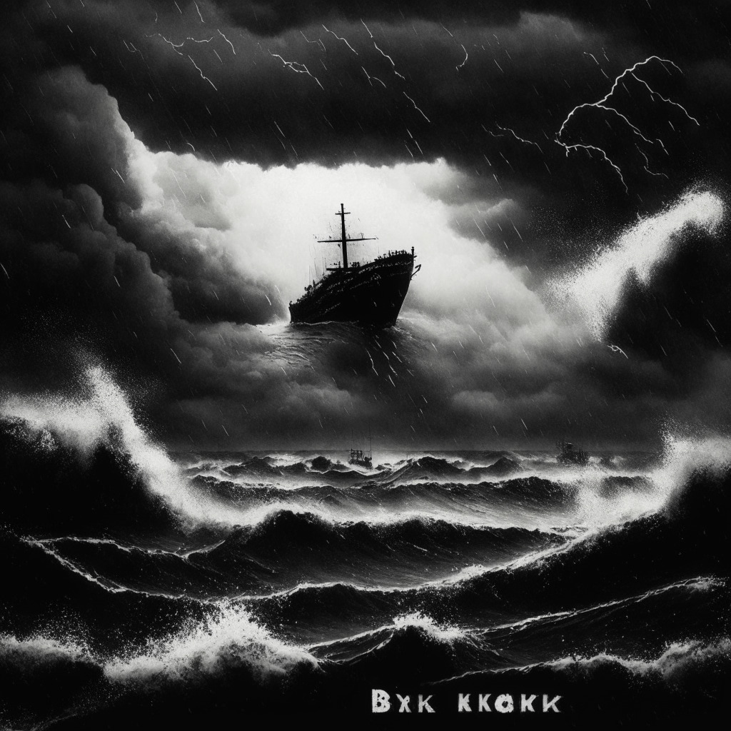 A gritty noir scene of a turbulent ocean under a stormy sky, representing the struggling Binance Coin. Prominent in the foreground, an unstable ship seemingly named 'BNB', swaying violently amidst crashing waves. On the distant horizon, the faint silhouette of a new rising sun, labelled 'MK', transposing a feeling of hopeful anticipation. Artistic style imbued with Realism, using muted colors to set a somber mood.