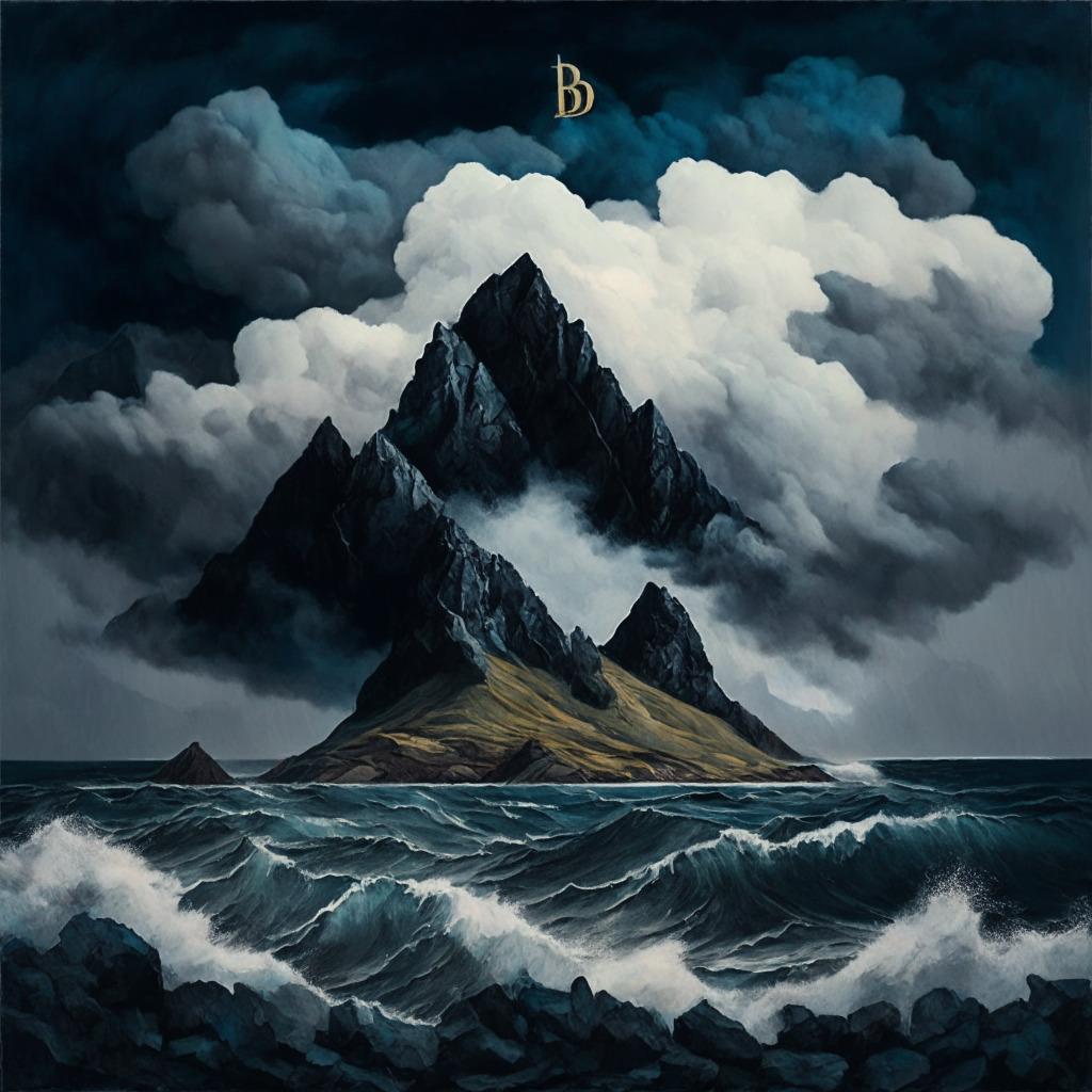 An overcast sky overlooking a turbulent sea, colors tinged with subdued hues of midnight blues and slate greys, Waves symbolising the highs and lows of Binance Coin's fluctuating fortunes. In the centre, a grand but rocky mountain represents BNB, slightly worn but resilient, the fifth largest peak. Nearby, a new lush sapling as rising altcoin Bitcoin BSC on a small island. Dim, desolate lighting for ambience of caution, foreboding.