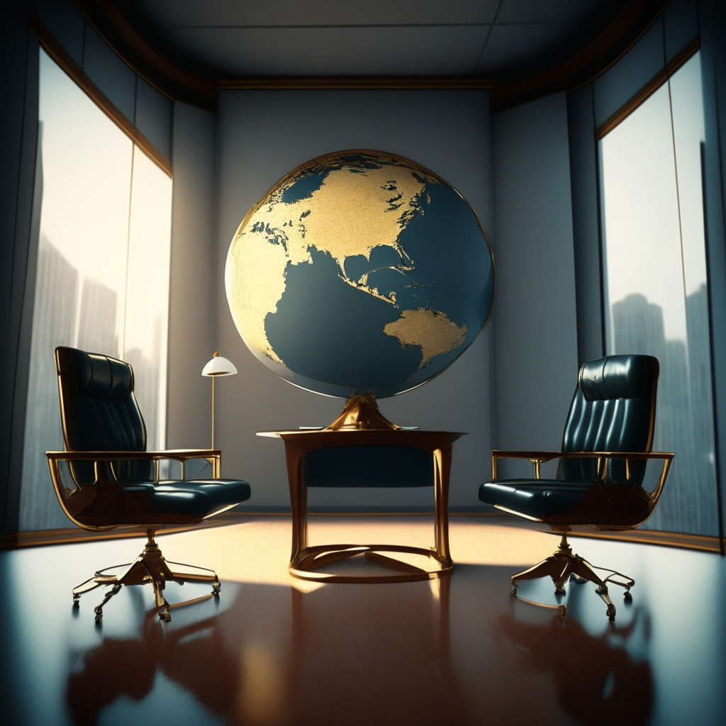 Two empty executive office chairs in a minimalist office space. The desk holds a brass scale, symbolizing regulation, and a holographic globe showing Russia indicating a sense of global challenge. Mood is uncertain and suspenseful, reflective of the sudden departure of executives. Artistic style is realism but with a soft, somber lighting hinting at change.