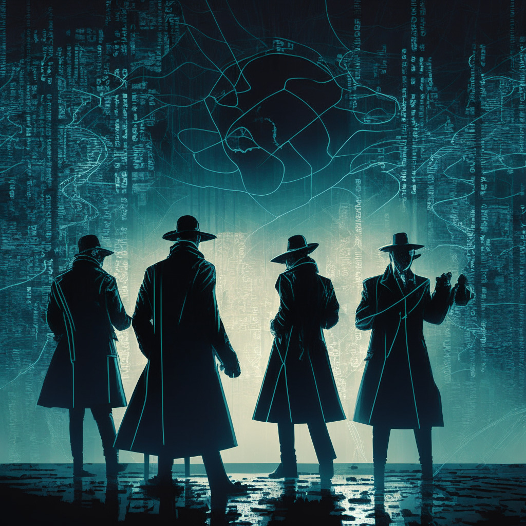 A team of digitally rendered detectives tracing glowing lines of cryptocurrency across a stormy, cybernetic landscape. Long shadows cast by punks in trenchcoats suggesting high-stakes tension. Emanations from their eyes light up digital screen filled with matrices of numbers, evoking a noir-style scene. The world mapped and interconnected in a web of light, representing the global crypto nature. Messages in multiple languages hover in the air, symbolizing the multilingual aspect. The atmosphere is charged, tense, reflecting the urgency of tracing stolen funds. No brand is obvious, only generic symbols for crypto.