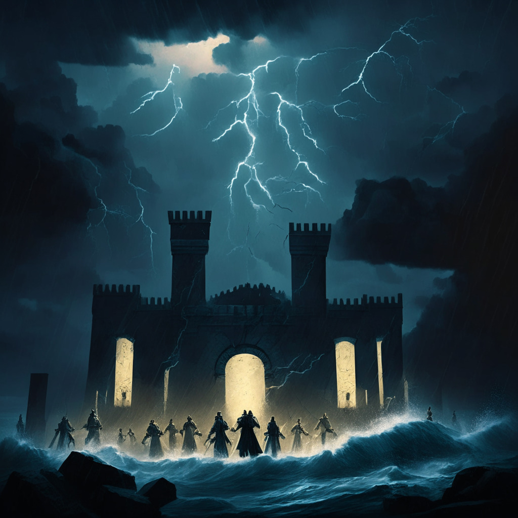 A stormy sea representing the troubled state of Binance US, lightning illuminates an imposing fortress, symbolic of the cryptocurrency powerhouse. Figures dressed as ancient Roman officials, represent the high-ranking departures, leaving through the fortress gates. Displaying a somber mood, the scene is engulfed in a twilight light setting, capturing the effect of the ongoing investigation and turmoil. An illustrative, baroque art style, further enhances the drama and tension.