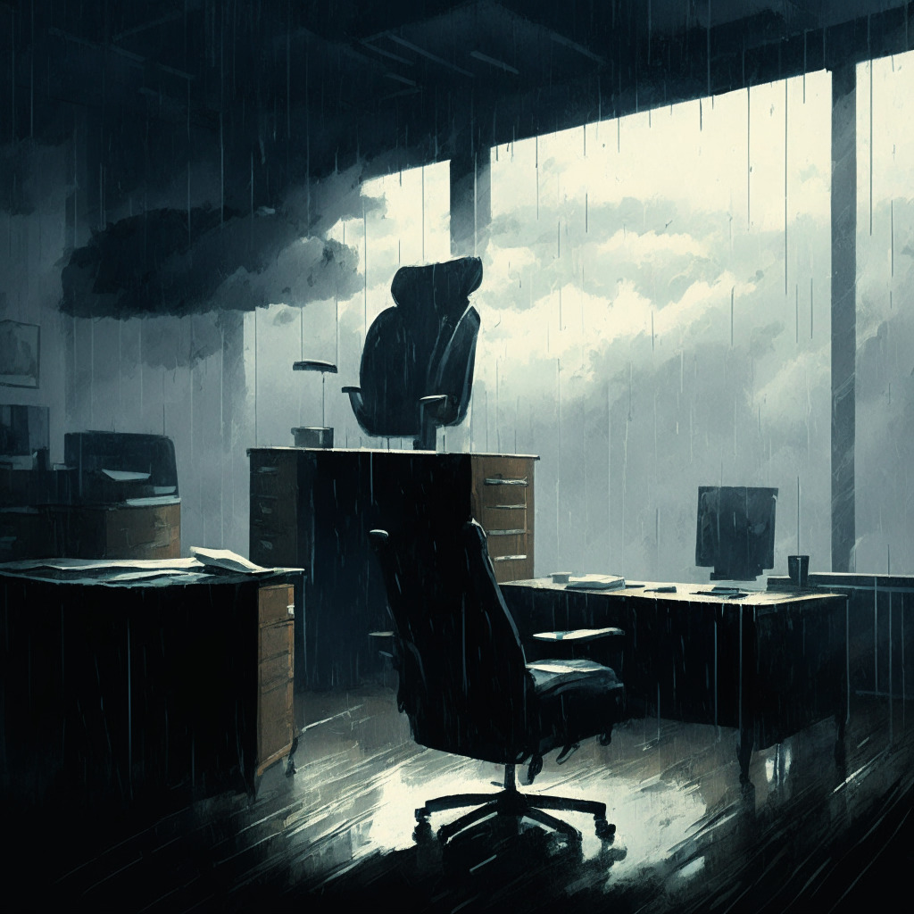 A stormy large-scale office landscape, boss' chair is empty, hinting at absence of a leader, metaphorical third of employees are vanishing into thin air, all bathed in the muted and moody light of a storm brewing. Sketchy, impressionistic style, tense and heavy mood, vividly represents the regulatory turmoil ensuing in the crypto industry.