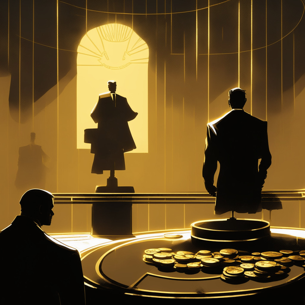 A modern, luminous virtual courtroom, the atmosphere tense. Detailed figures- a regulator and CEO from the crypto exchange, facing off under a spotlight, the strained atmosphere palpable. A background revealing a balance scale, one side weighty with golden coins, the other with a silicon chip, casting long, expressive shadows. Artistic style, stark and dramatic, embodying tension, conflict and a pursuit for balance.
