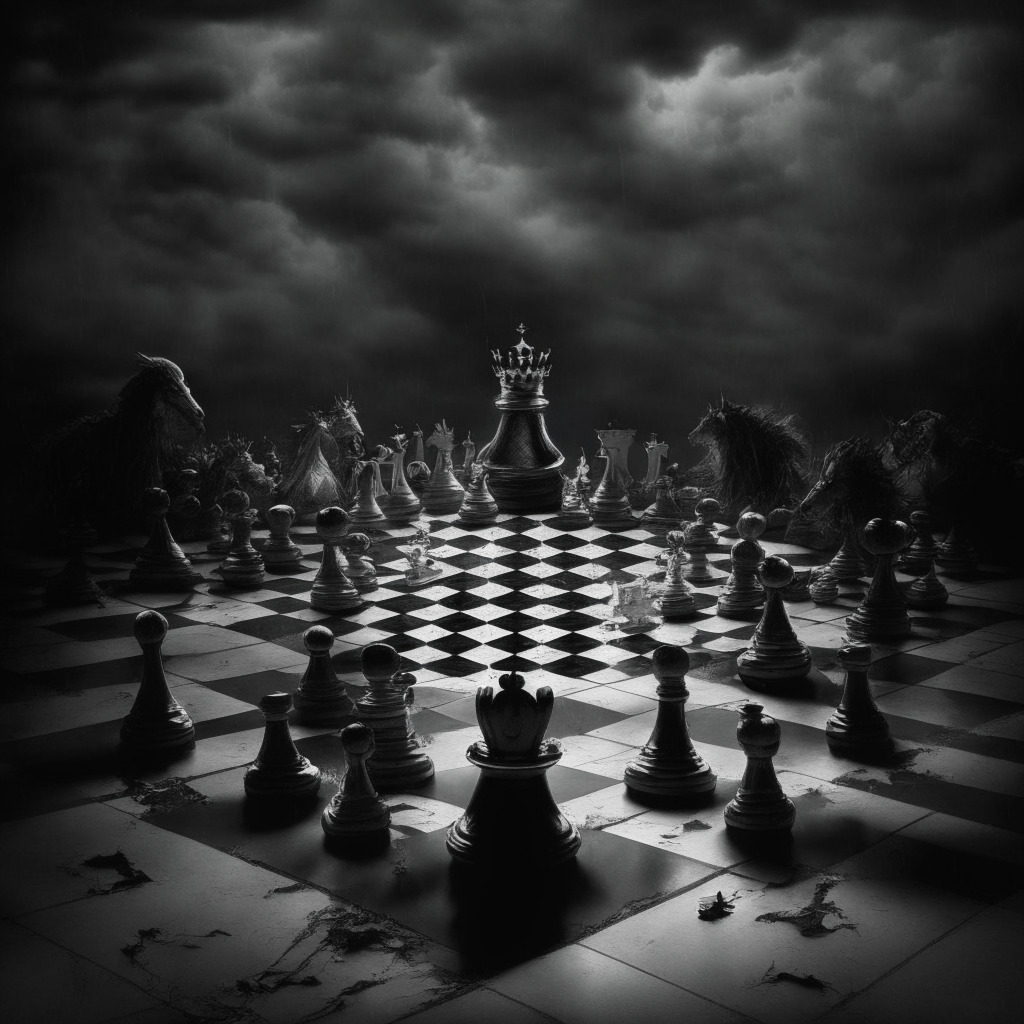 A chessboard with pieces in disarray, the resigned king piece laying aside, and knights, rooks, and pawns removed, symbolizing the staff cuts. A dim, moody noir-style lighting engulfs the scene, reflecting the sombre state of affairs. In the background, a storm brewing, embodying upcoming challenges and regulatory pressures. At the far end, a sunrise cautiously peeks, symbolic of potential transformation and hope.