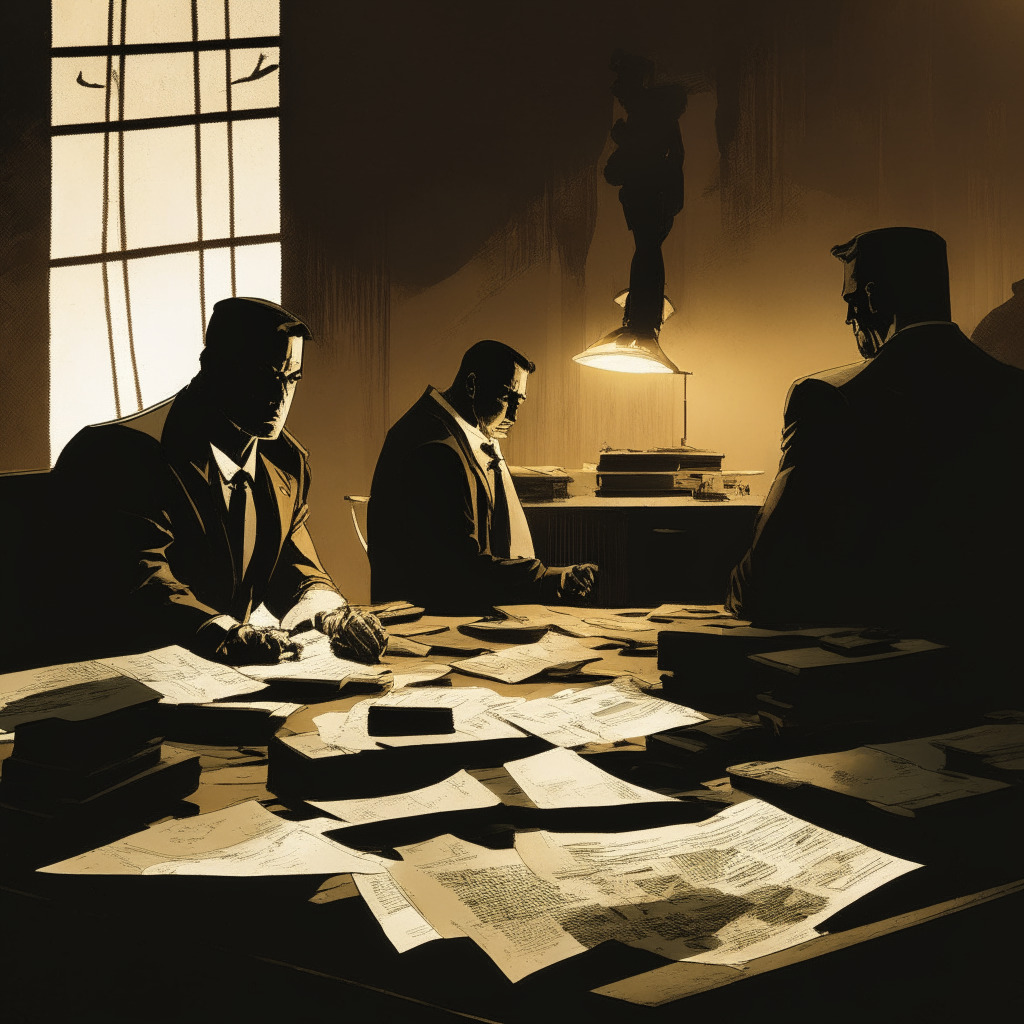 A symbolic courtroom drama scene, dusk lighting casting long, suspenseful shadows. Two figures representing SEC and Binance.US, facing off across a vintage wooden desk cluttered with papers and obscured documents. Ambiguity in the characters' faces, evocative of tension and distrust, painted in a stark, noir-esque art style. Background subtly hinting at diverging paths, symbolizing potential risks and opportunities in crypto regulation compliance.
