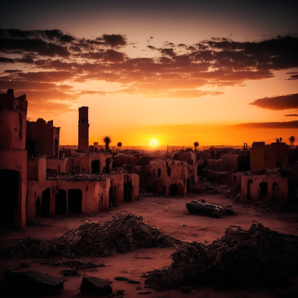 A sunset over the distressed landscape of Marrakesh-Safi, Morocco post-earthquake. Muted colors underline the somber mood and the pain of destruction. The new dawn symbolizes the aid in form of BNB tokens, cast like golden rays reaching out to Moroccan residents. The style is impressionistic, emphasizing the emotional impact of this scene, with a blush of uncertainty hinting at the volatile nature of the said aid.