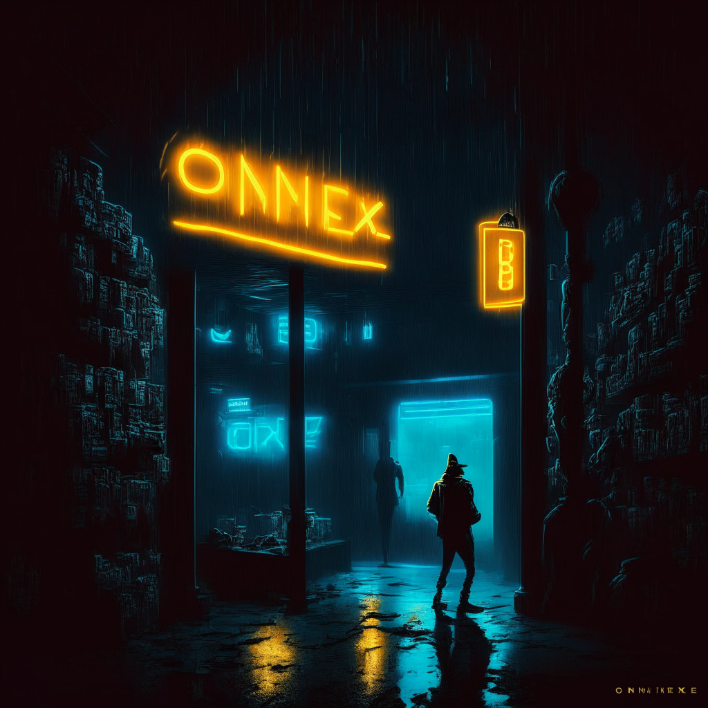 A dark, brooding setting depicting a physical representation of the cryptocurrency exchange world. A looming shadowy figure representing Binance exiting the scene, a lit-up neon sign glowing 'CommEx', a newcomer emerging. A hushed, secretive mood embodies the scene, heavy with suspense. A versatile mob of question-marked faces, symbolizing the curious crypto community. All set in a gritty noir-art style.