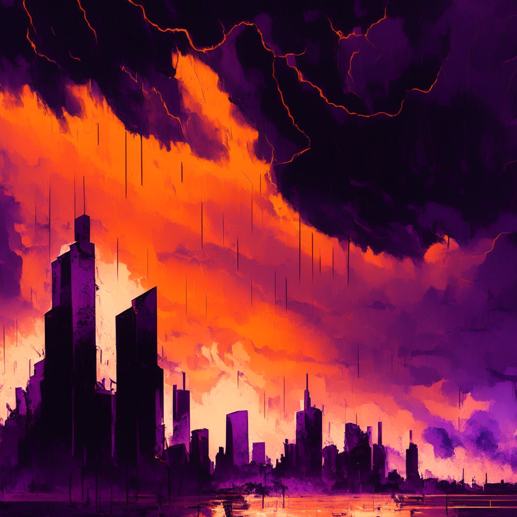 An abstract representation of Binance's regulatory compliance, European cityscape at dusk, hint of turmoil in the air, under dramatic fiery orange and bruised purple sky, symbolism of stablecoins fading into shadows, hint of a disruptive storm blowing through, executed in an impressionistic style conveying a mood of anticipation, uncertainty.