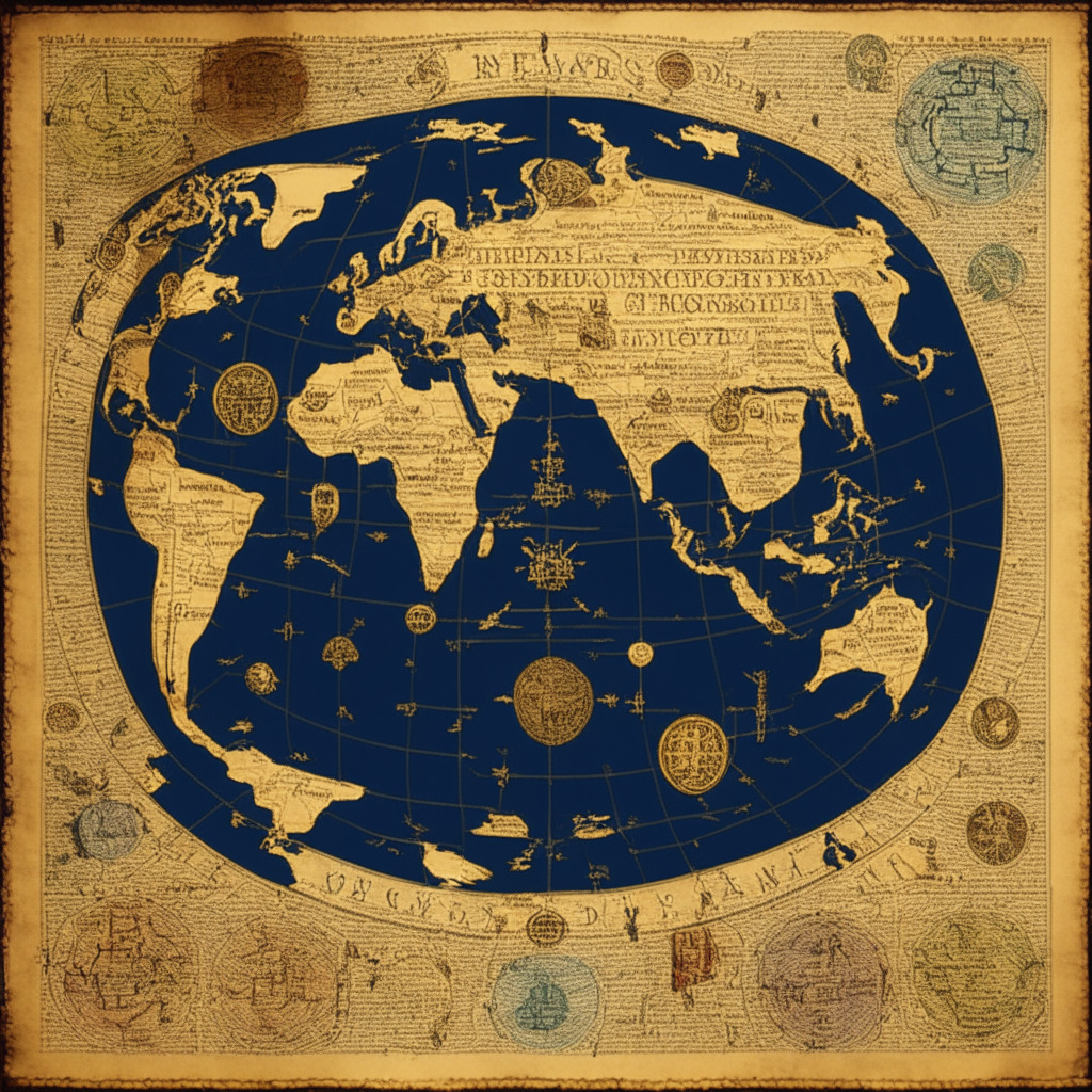 A vibrant world map on a classic parchment, brightly illuminated western hemisphere reflecting US, dimmer eastern side illustrating Europe. The map featuring distinct coins symbolizing cryptocurrencies with 'yes' or 'no' icons, reflecting regulatory divergence. A series of chains, symbolizing blockchain technology, dividing two sides. A balance scale looming large, monochrome to symbolize neutrality and regulatory scrutiny. Mood: intriguing, tense.