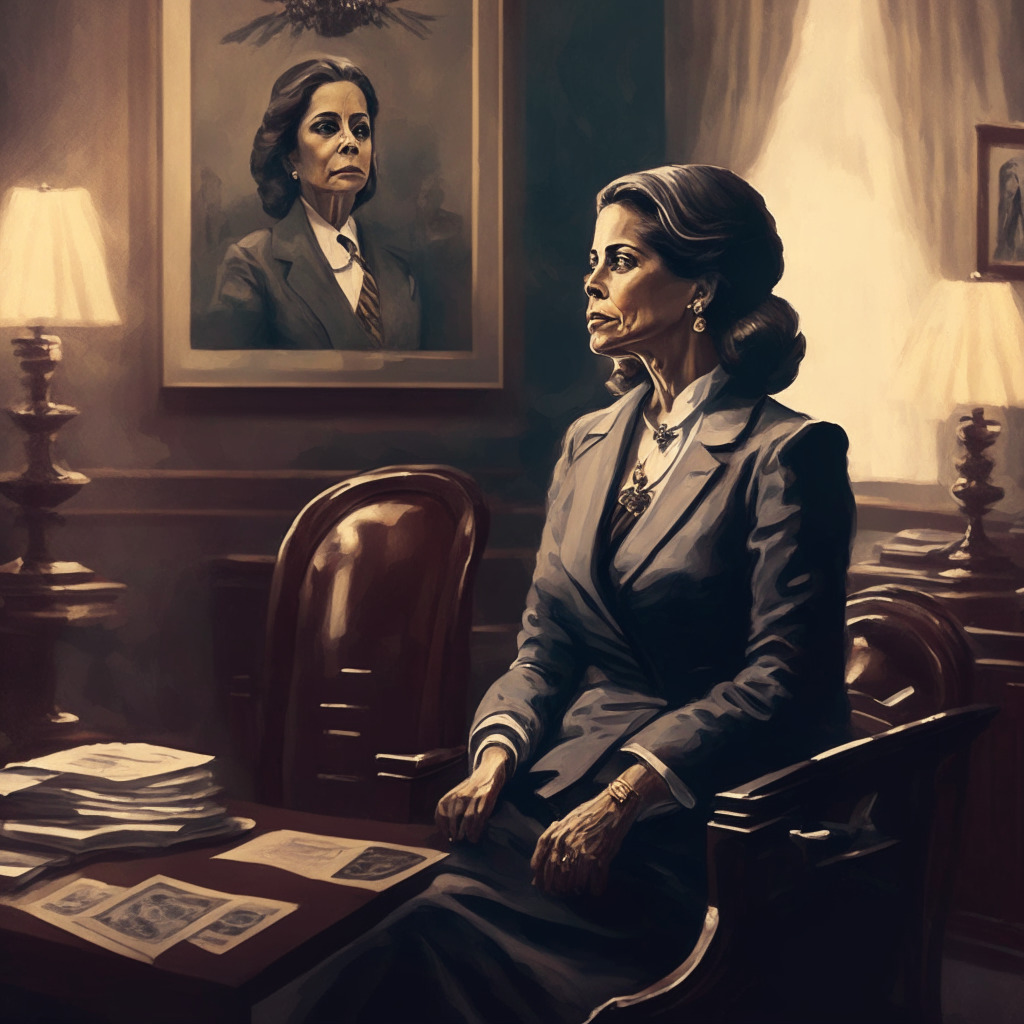 Congresswoman discussing cryptocurrency regulations in an office setting, vintage painting style, subdued warm light like an old masters painting, serious and contemplative mood. The image should convey strength, struggle for consensus, and an atmosphere of modern challenges meeting traditional political structures.