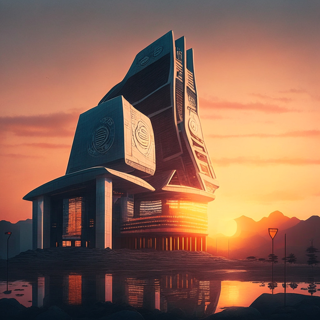 A fusion of old and new financial worlds on a classic Korean landscape during sunset. Large traditional Korean bank building on one side, futuristic digital structure symbolizing BitGo on the other. Atmosphere filled with dynamic anticipation yet caution, depicting a critical balance in the evolving crypto world. Warm and cold light interplay, hinting at potential benefits and challenges ahead.