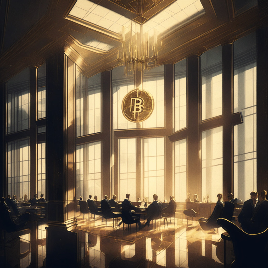 A grand office building with towering glass windows symbolises a Bitcoin-only trust company. Inside, a group of composed investors studying a Bitcoin symbol carved in shiny gold. The sombre mood of the room is marked by dim light highlighting the focus on Bitcoin. The room has a vintage painting-style, with the atmosphere reflecting a sense of anticipation.