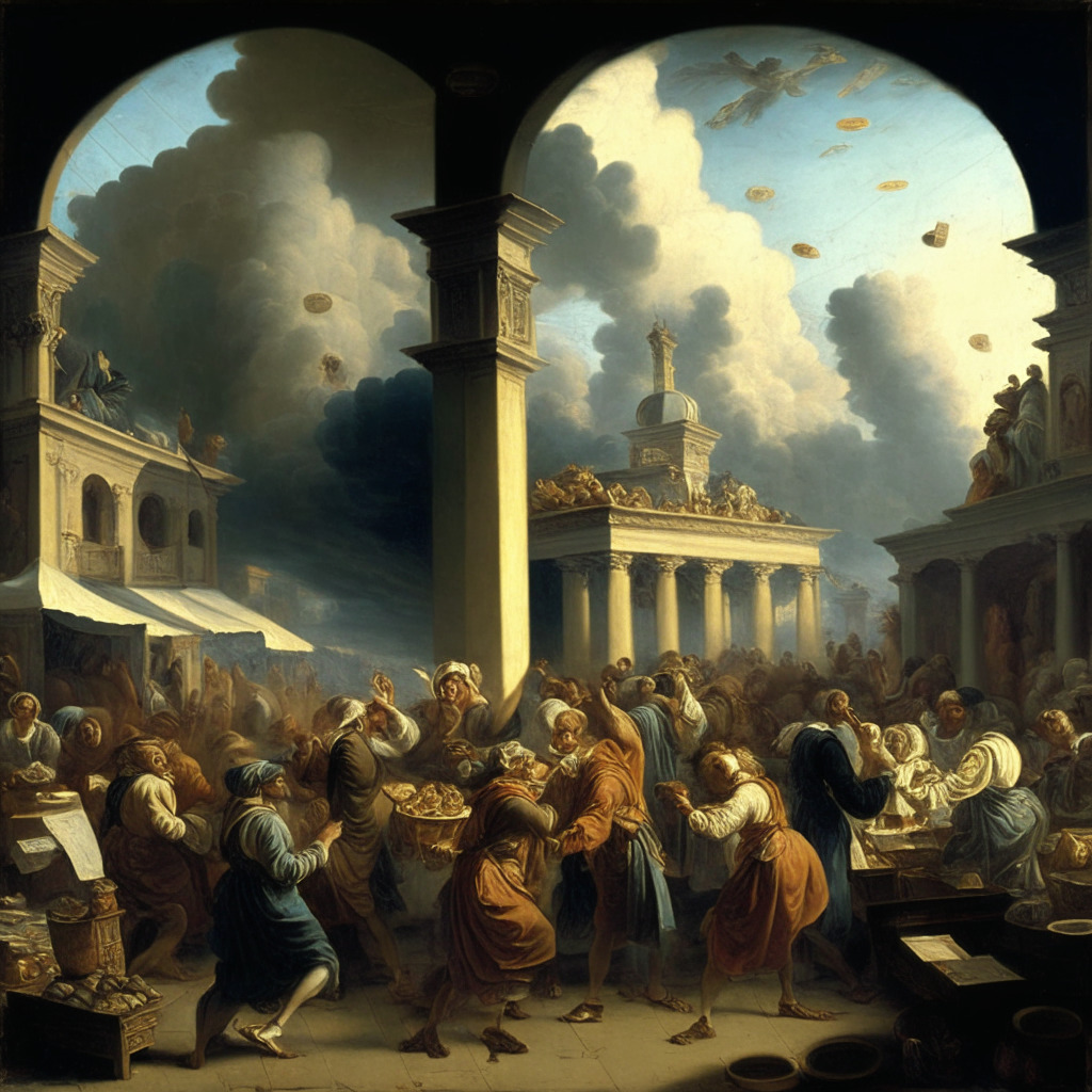 A Renaissance-style painting portraying an energetic marketplace, figures engaged in heated debate, with whimsical elements subtly hinting at predictions of worldly events. Light filters through a cloudy sky hinting at dawn or dusk, characterizing change and ambiguity. The image should feel both aspirational and forewarning, reflecting the speculative but promising nature of crypto derivatives trading.