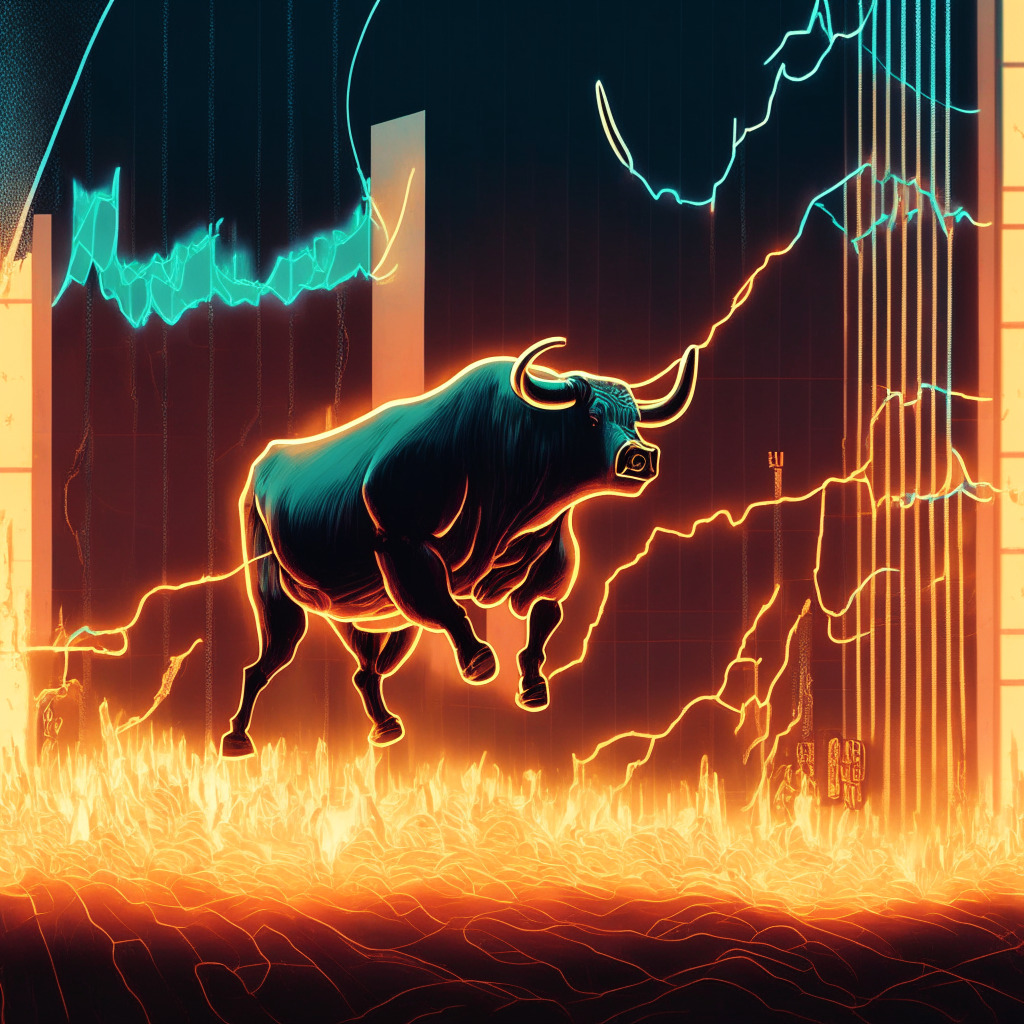 An artistic illustration of the vigorous Bitcoin bull charging towards a $27k target, the backdrop revealing fluctuating graphs symbolizing soaring US inflation. The scene lit in twilight's subdued glow to set a hopeful yet uncertain mood. The surreal style twists reality, reflecting disconnect between market sentiment and economic data.