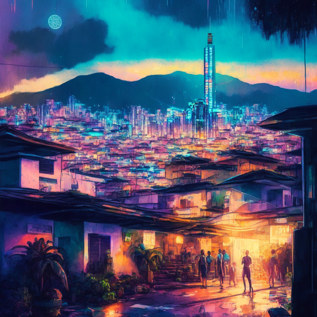 An evening view of a futuristic cityscape in El Salvador, colorful lights reflecting off Bitcoin-inspired architecture, embodying a balance of international appeal and social integration. Depict in soft watercolor style, to echo the dreamy optimism yet potential pitfalls of Bitcoin City. Convey both the allure of the digital economy and concerns about social impact.