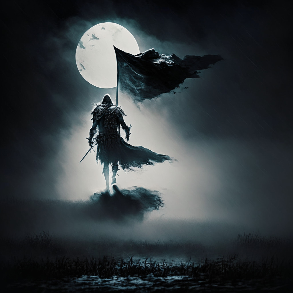 Conceptual abstract image of a resilient warrior bravely marching through a battlefield shrouded in heavy fog, illuminated by haunting moonlight. The warrior carries a flag decorated with Bitcoin symbol, symbolizing victory against adversities. The artistic style leans toward gothic realism to create a sense of drama, uncertainty and tension.