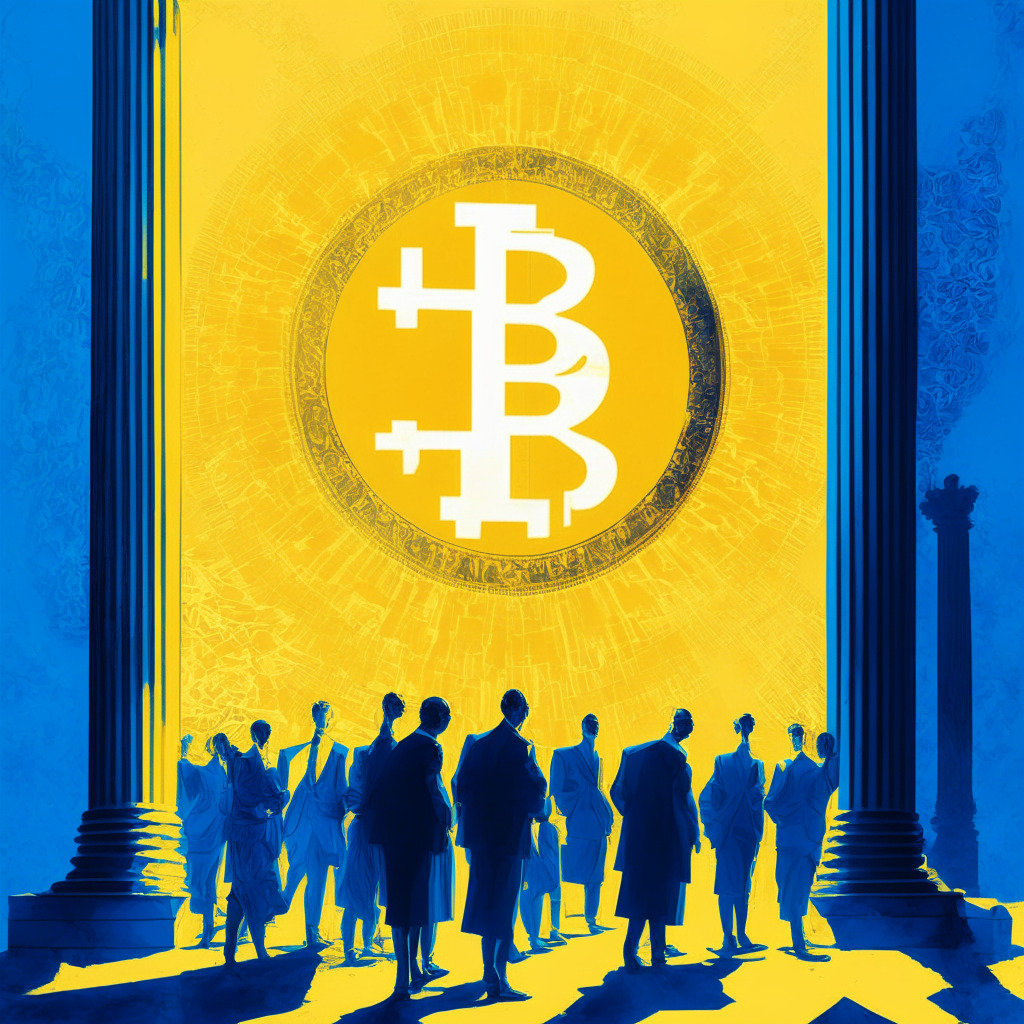 Congressional members uniting, urging Bitcoin ETF approval to the SEC against the backdrop of a rising Bitcoin value, bright sunlight casting a shadow of future uncertainty, a prevailing sense of anticipation and hope amidst skepticism, subtly blended hues of blue and gold to represent the two political sides, modern abstract style, slightly tense atmosphere.