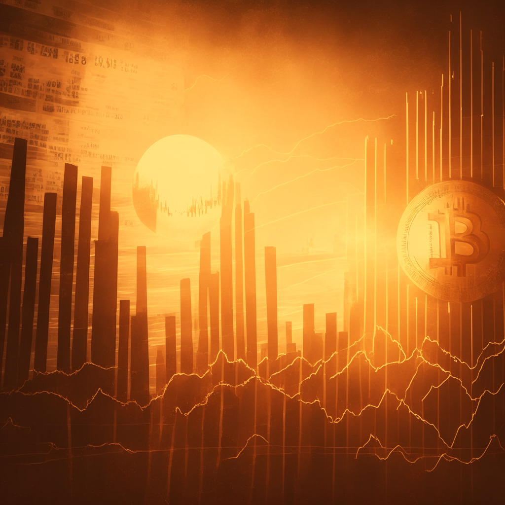 A chaotic yet hopeful financial market landscape: vintage sepia tone with light focusing on a fluctuating graph, symbolizing Bitcoin's unstable market value, an imposing gavel representing regulatory battles. The scene is balanced by a subtly glowing sunrise, indicating hopeful future stability. Captures a combined mood of uncertainty and quiet optimism.