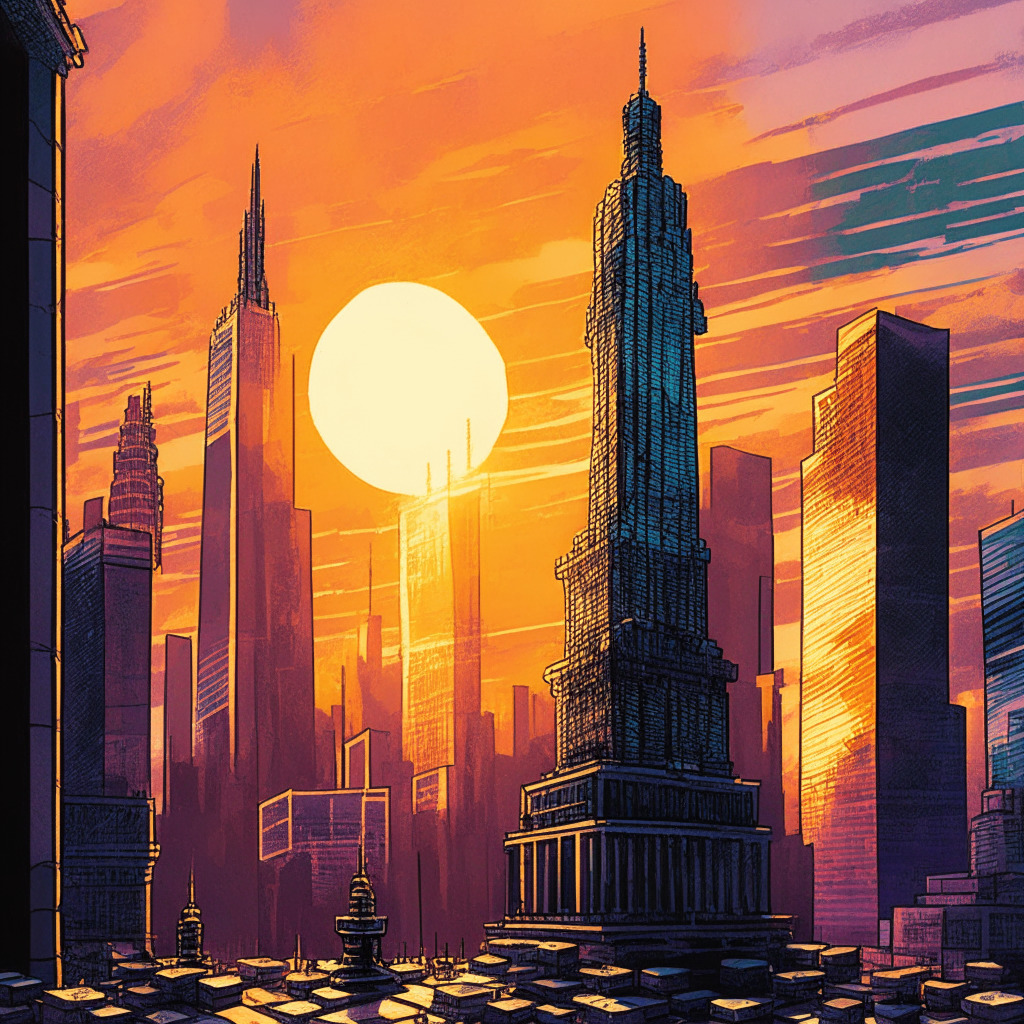 Sunset-draped financial district showcasing towering buildings, symbols of conservative institutions contemplating high-tech crypto innovation. The sky, richly painted in hues of a dawning trend, overshadows a murky base, symbolic of fears & market manipulation. A gleaming Bitcoin chess piece, poised precariously on an ETF gameboard, scenes of Bitcoin BSC & GameStop emblematically etched into its reflective surface. A Gothic styled ESL headline underneath encapsulates the tense regulatory battle.