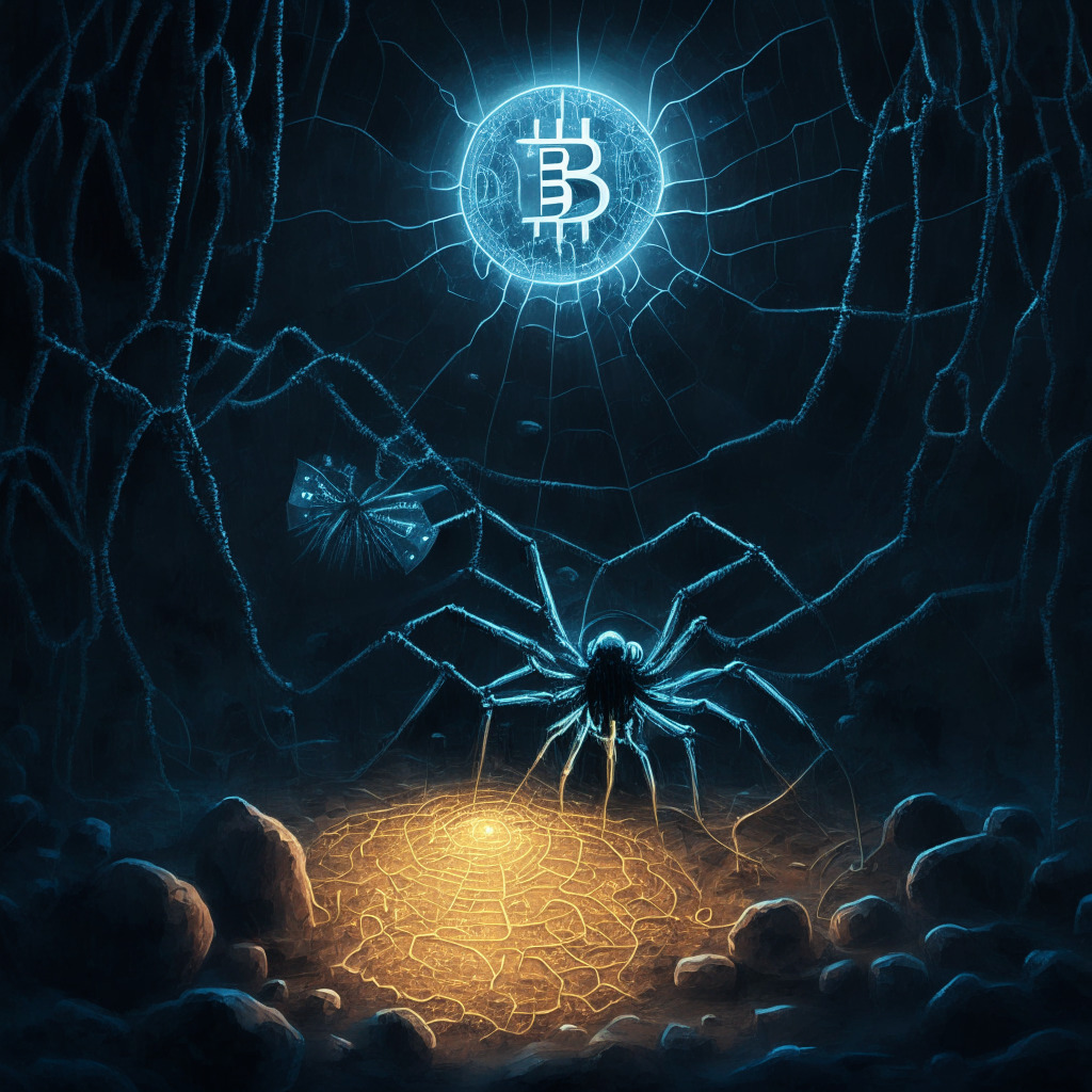 A digital oil painting of a complex blockchain network glowing under soft moonlight, a giant bitcoin in the center, trapped in a spider web. Web highlights a bug biting into the coin, symbolizing a coding bug. Ghostly images of miners in the background excavating glowing bitcoins, underlining the mood of uncertainty and suspense.
