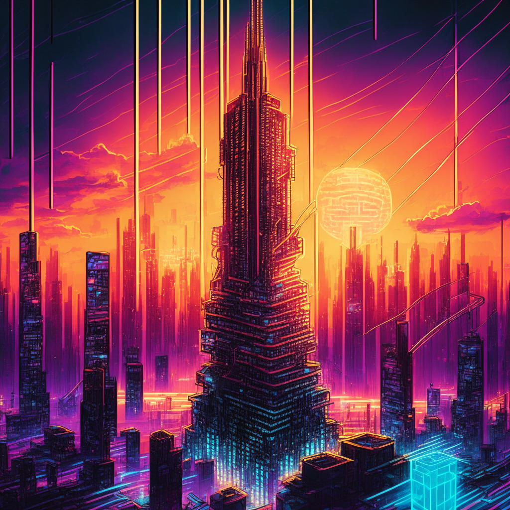Comic book style scene of a thriving futuristic digital cityscape, bathed in the glow of a neon sunset, symbolizing Bitcoin. In the center, a sleek, silver tower labeled 'Alpha.' Above, an intricate blockchain scaffolding, synonymous with decentralized networking. Multiple layers of translucent cyber layers, embodying Alpha's layered architecture, Rise from the tower, representing increased Bitcoin scalability. Somber mood hints at tension and competition.