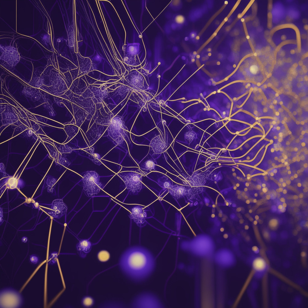 Abstract image of a packed and over-flowing digital network represented by interconnected lines and dots, hint of metallic sheen adds a stylised futuristic aesthetic, enigmatic deep blues and purples implying a complex, thoughtful mood, contrasted by glowing gold nodes representing high-value transactions, slightly blurred edges for a sense of suspense, dusk light setting for a thought-provoking atmosphere, subtle indication of tension and rising stakes in the background suggesting a competitive environment.
