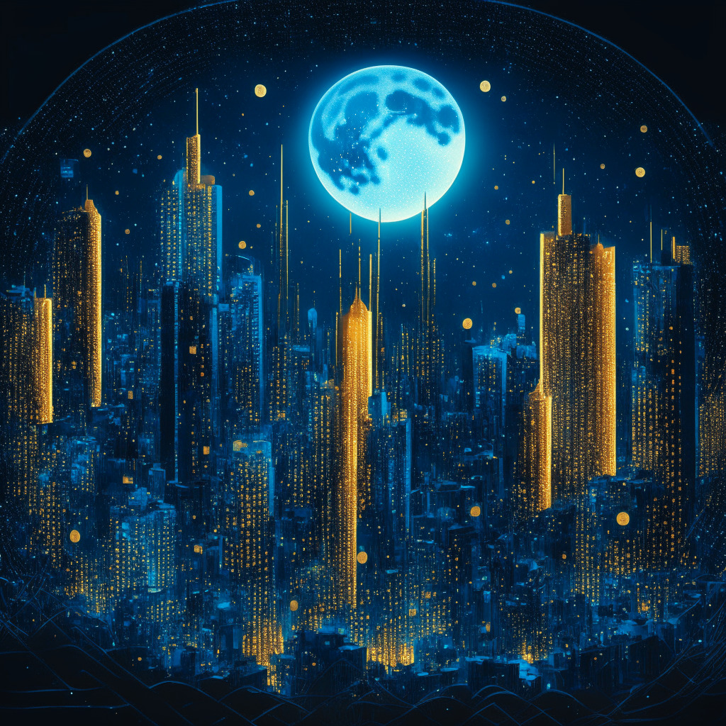 Depict an intricate digital cityscape under moonlit skies, with towering skyscraper-like servers pulsating with bright blues and golds, representing the Bitcoin network. Highlight NFTs as small, glowing tokens moving through the city, illuminating the connection lines they pass. The moon above casts a serene light highlighting the complex dynamic below. Create a bustling yet coexisting feel expressing the city's continuous operation and integration of these tokens, with no obvious disruption.