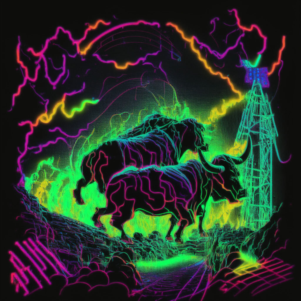 A rollercoaster in a stormy night, exceptional highs and lows traced in neon colors representing the volatility of Bitcoin. In the distance, the silhouette of a bull, faded and grim, embodies bearish tendencies. Contrasting, spawning from the rollercoaster's twists and turns, are vibrant, comical meme characters, symbolizing the rising SHEPE and WSM coins against the dramatic dark background. The scene is imbued with dynamic tension, uncertainty, risk, and potential in a futurist artistic style.