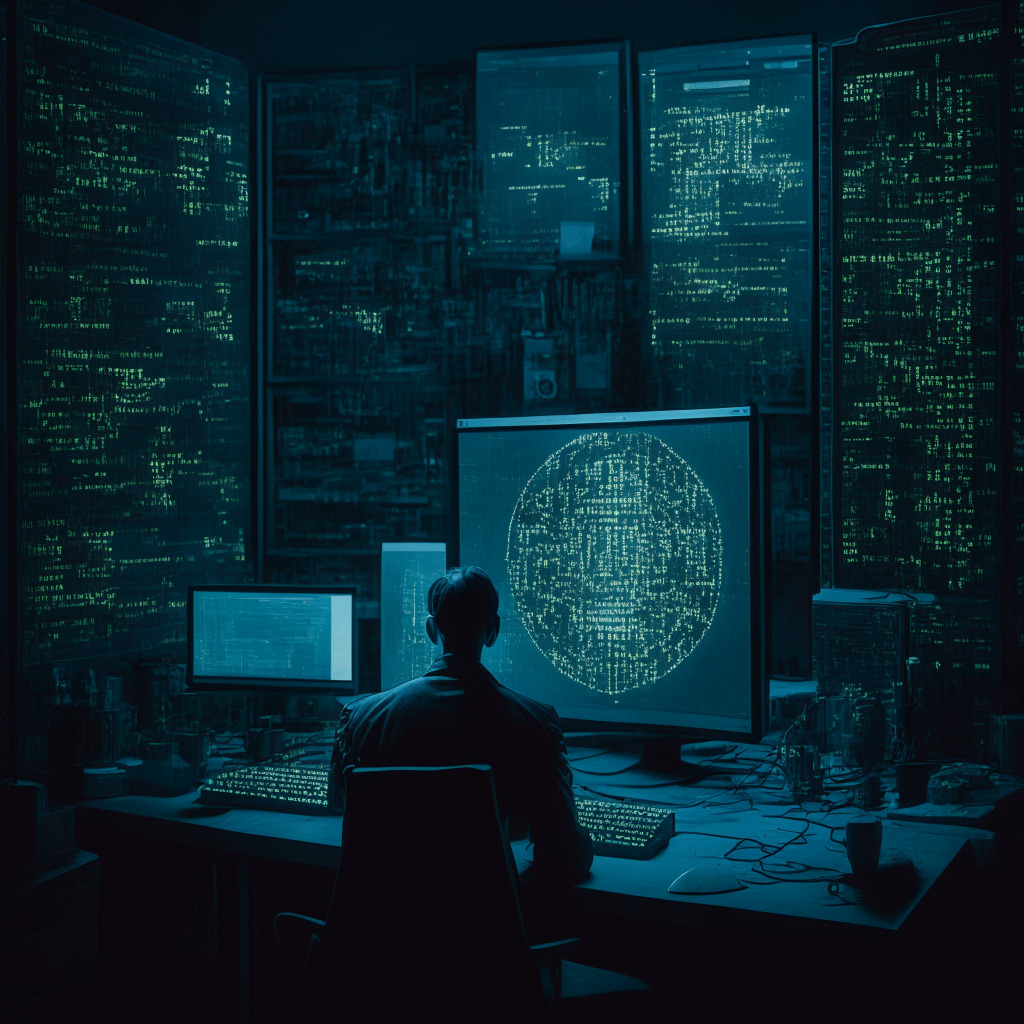A clandestine lab with complex cryptographic systems laid out, bathed in the low, enigmatic glow of a desktop monitor, hinting a somber, mysterious mood. A single figure, an enigmatic researcher, secretly releasing a Bitcoin-like monetary system into the matrix. Elements of ancient ciphers blend with cutting edge technology, inspired by Tatsuaki Okamoto and Satoshi Nakamoto's works.